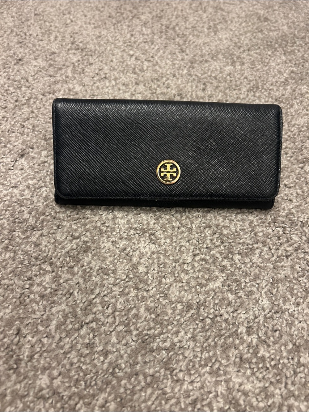 Tory Burch Black Leather Long Wallet with Gold Logo Accent